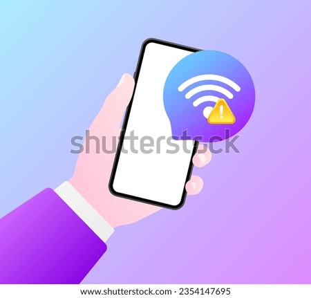 Wi-Fi icon with an error. Flat, purple, phone in hand, wi-fi with an error on the phone, phone screen. Vector illustration