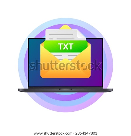 TXT file. Flat, yellow, envelope on a laptop, TXT file on a laptop. Vector illustration