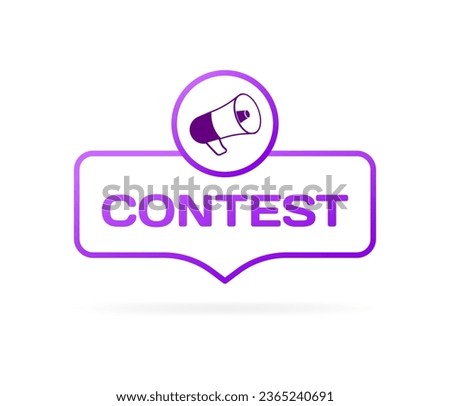 Contest notification. Flat, purple, megaphone in a circle, contest sign. Vector icon