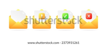 Action icons with message. Flat, yellow, document in an envelope, exclamation mark, tick, cross on the envelope. Vector icons