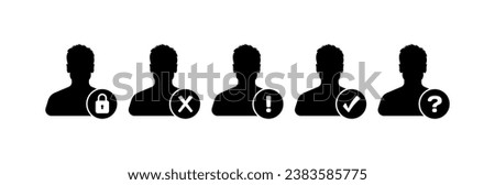 Icons of a person with a padlock, cross, exclamation mark, checkmark, question mark. Silhouette, black, photo mockup. Vector icons