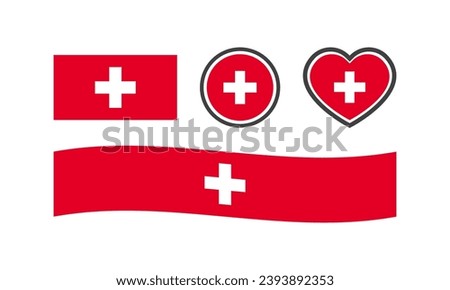 National flag of Switzerland. Flat, color, national flag of Switzerland in the shape of a square, circle, heart. Switzerland flag for design. Vector icons