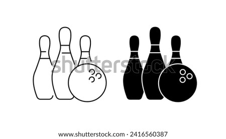 Bowling icon. Pin and bowling ball. Linear and silhouette style. Vector icons