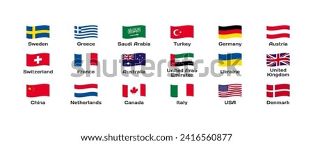 National flags icon set. Collection of national flags of popular countries. Flat style. Vector icons