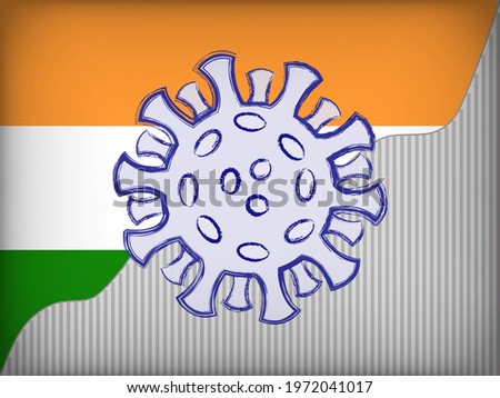 Pencil-drawn Coronavirus against the background of the Indian flag and Covid-19 statistics of total cases. Illustration of the Covid-19 pandemic in India.