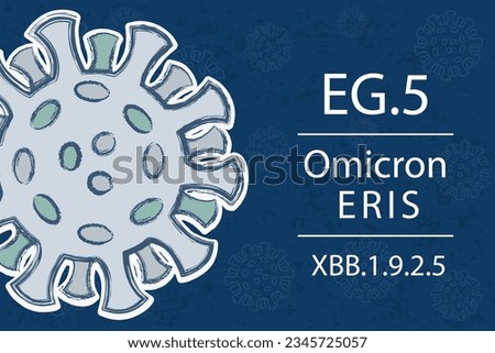 A new Omicron variant EG.5 alias XBB.1.9.2.5. Also known as Eris. White text on dark blue background with image of coronavirus.