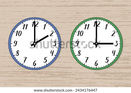 Illustration of two wall clocks on wood. The blue one symbolizes winter, the green one summer. Symbol of time change. Transition of time, the change to daylight saving time. Moving the hands forward.