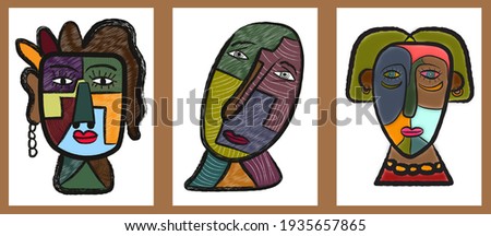 set of abstract face painting. hand drawn cubism face for wall art, t-shirt and poster design.