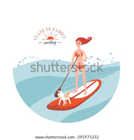 Stand Up Paddle Surfing. Young girl with dog on the board.