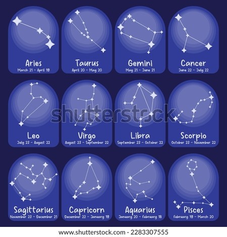 Set of twelve constellations. Zodiacal circle. Black hand drawn stars on white background. Starry sky. Horoscope, predictions and prophecies. Abstract Vector illustration.