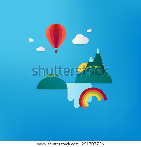 Minimalistic travel vacation landscape with balloon, waterfall and mountains. Material design