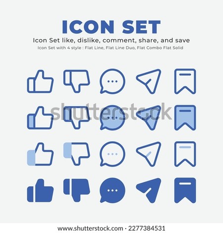 Icon like, dislike, comment, share, save, with 4 style flat lie, flat line duo, flat combo, flat solid. icon for ui, poster, web, and many other inspired by youtube