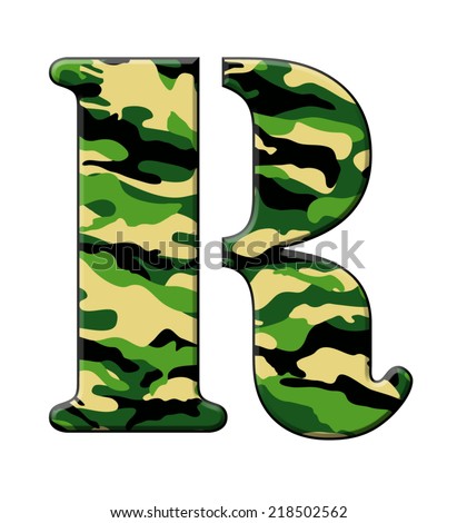 Letter R in a stencil style font filled in a woodland camouflage pattern