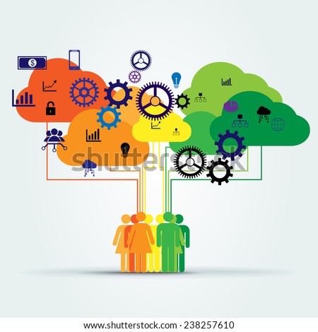 group of people connected to colorful data clouds and technology icons