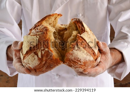 Chef holding fresh bread. Baker holding a fresh bread just taken out of the oven.