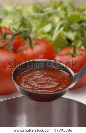 Metallic spoon with boiled fresh tomato cream on it. Pouring fresh tomato cream