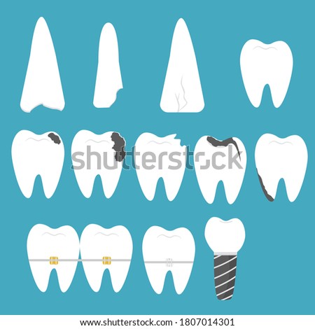 Set of teeth, caries, braces, false tooth. Dental problems.Vector. Flat drawing style.