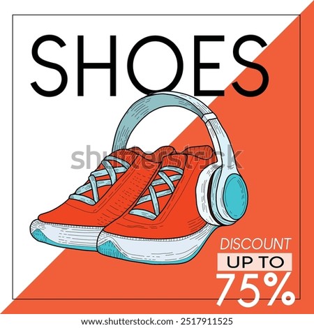 Snickers template for sales, flyers, entertainment, and discounts. Snickers with earphones.Casual fashion. Fitness routine. Active lifestyle. Hand-drawn colorful illustration. Vector.