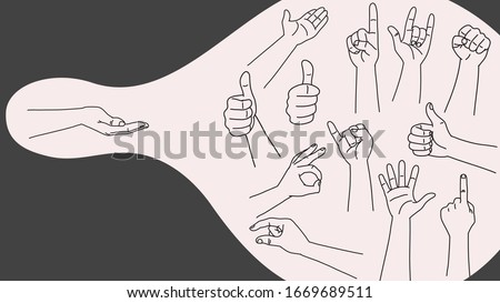 Various hand symbols isolated. Drawn vector outline. Set of realistic gestures hand shape
