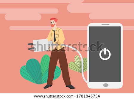 Digital Detox Concept. Happy men shut down online and social connection, unplug the power cord smartphone screen. Unplugging the phone and being offline. 
Flat vector illustration.