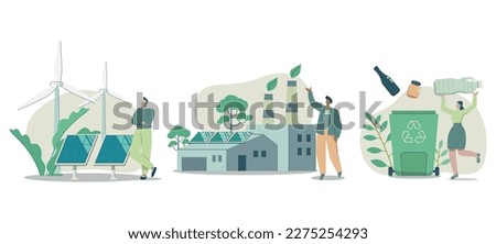 Set of Eco friendly sustainable, Wind Turbine Generates Electricity from Nature, Environmental protection factory, Waste recycling project,
 Clean green energy sources concept, Vector illustration.
