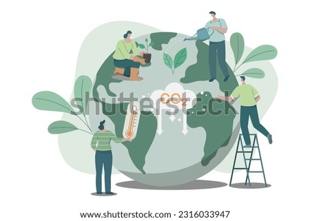 Developing sustainable, reduce CO2, Woman and Man Planting and Watering Trees, using clean energy, 
sustainable environmental management. Climate change problem concept. Vector design illustration.