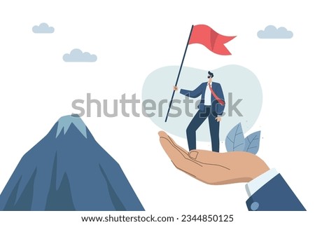 Business leader with confidence in success Mentor or advice to employees or beginners, Business development successful organization, Businessman standing with flag on big hand.
Vector illustration.