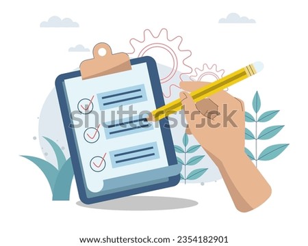 Best standard check and reports performance review, Quality control or certified approval, complete checklist, Performance appraisals, Hand with standard document. Vector design illustration.
