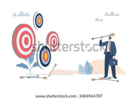 Multiple objectives, Aiming at multiple targets, Failures and incorrect attempts, Unable to decide which target to shoot at, Businessman with multiple arrows and targets. Vector design illustration.