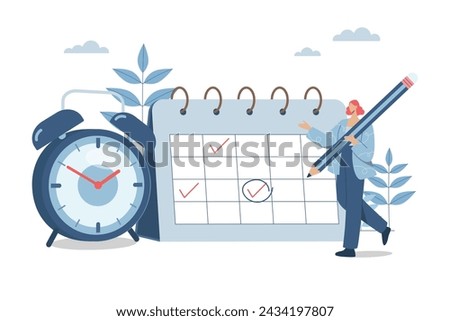 Planning important appointments, Scheduling activities or tasks, Schedule or business project management calendar, Business woman holds pencil with appointment calendar and alarm clock. Vector design.