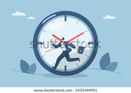 Business time management planning, Time rush in work or schedule an appointment, Quick response time work, Businessman runs fast according to clock time. Vector design illustration.