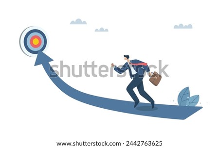 The path towards reaching or achieving business goals, Challenging the business growth of careers and organizations. Businessman running towards the goal to achieve success. Vector illustration.
