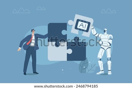 Businessman build a jigsaw puzzle together with a robot, Collaboration of personnel with artificial intelligence, Teamwork with AI, Development of innovation and new technology, Vector illustration.