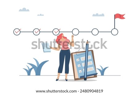 Monitoring and inspecting important project work, Checking the progress of the project, Project management timeline planning, Female project manager with data checking progress.