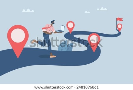 Project planning, Timeline, Progress in business, Roadmap, Work process or work process, Timeline to success, Businessman project manager running work on project timeline. Vector design illustration.