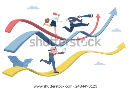 Business competition concept, Competition between business competitors, Skill competition or attempt to succeed in a career or work, Businessman running on arrows that go up and down.