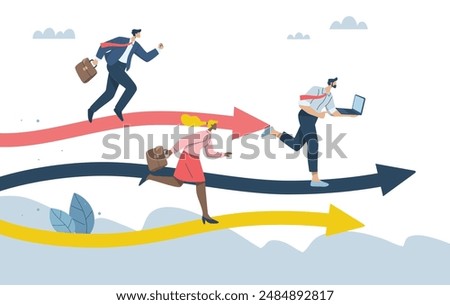 Business competition concept, Competition between business competitors, A competition for skills or abilities to be successful in a career or work, Businessman running on arrows that go up and down.