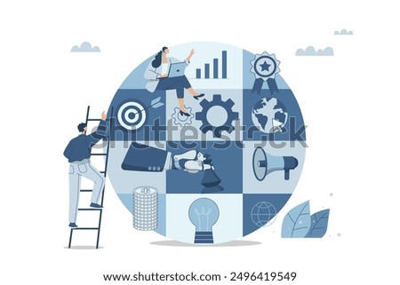 Business project management and development concept, Launching a startup, Setting goals, Businessman organizes and analyzes business, Vector collection in circle isolated on white background.