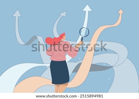 Business decisions or choices, Finding the right way, Business opportunities or paths to success, Using vision to decide the path ahead, Businesswoman with magnifying glass choosing a business path.
