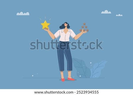 Businesswoman standing holding quality star and low quality star, Quality vs Quantity, Concept of excellent result oriented work vs high quantity oriented work, Good product vs low quality product.