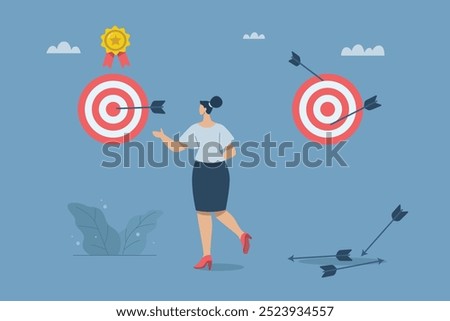 The goal of a company or organization that emphasizes quality over quantity, The goal of quality products with quantity, Businesswoman compares a fixed goal with the number of arrows. Vector design.