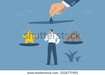 Quality vs quantity, Concept of excellent result oriented work vs high quantity oriented work, Good and bad product. Businessman looking large hand holding scale of quality stars and quantity stars.