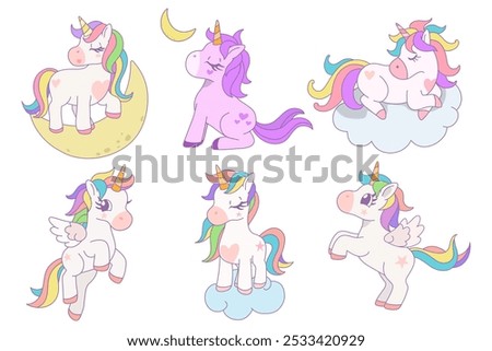 Cute collection of unicorn variety of poses and pony collection with magic items, Cartoon fantasy style, Unicorn hand drawn doodles, Vector design illustration.
