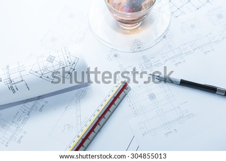 Construction and architecture drawings paper blueprints.