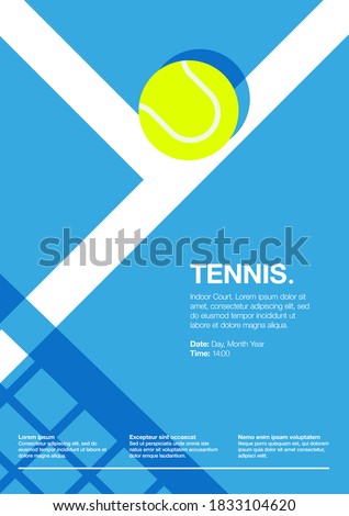 Tennis Championship and Tournament Poster. Indoor, Blue, Court. Ball on the Line. Net Shadow on floor. Close up. Flat, Simple, Retro style - Vector