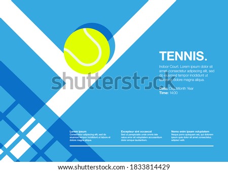 Tennis Championship and Tournament Landscape Poster. Indoor, Blue, Indoor Court. Ball on the Line. Net Shadow on floor. Close up. Flat, Simple, Retro style - Vector
