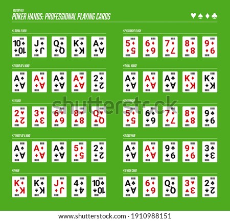 Winning Poker Hands. 10 examples and rules. Royal Flush, Straight Flush, Full House, Two Pair, Three of a Kind. Online Gambling and Casino. Dealer, Betting, Vegas - Vector Zdjęcia stock © 