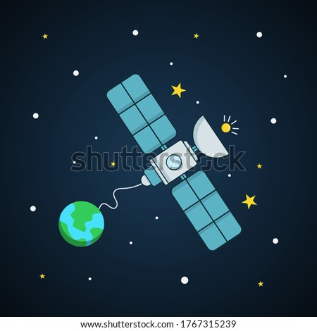 illustration of flat design of satellites in space connected to earth. Suitable to commemorate satellite 2020 day, posters about space etc.