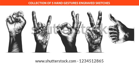 Vector engraved style hand gestures collection for posters, decoration, emblem and print. Hand drawn sketches of hand gestures isolated on white background. Detailed vintage woodcut style drawing.
