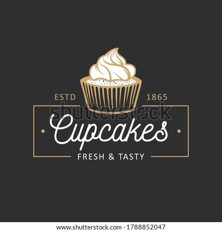 Vintage style bakery shop simple label, badge, emblem, logo template. Graphic food art with engraved cupcake design vector element with typography. Linear organic pastry on black background.